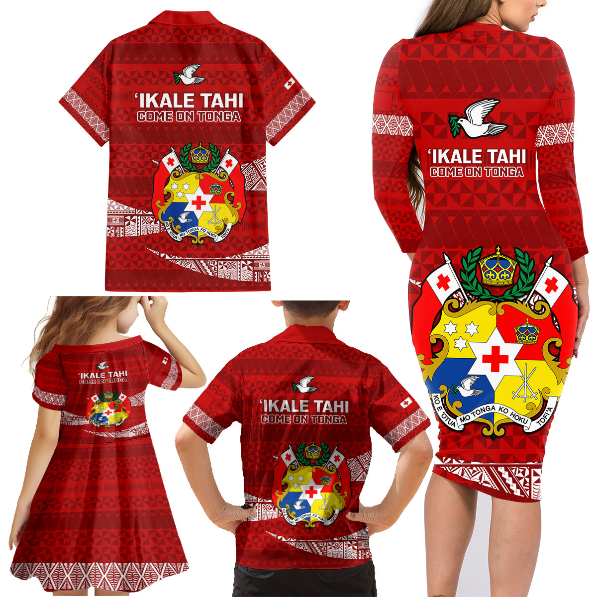 Tonga Rugby Family Matching Long Sleeve Bodycon Dress and Hawaiian Shirt 2023 Ikale Tahi Tongan Ngatu Pattern - Wonder Print Shop