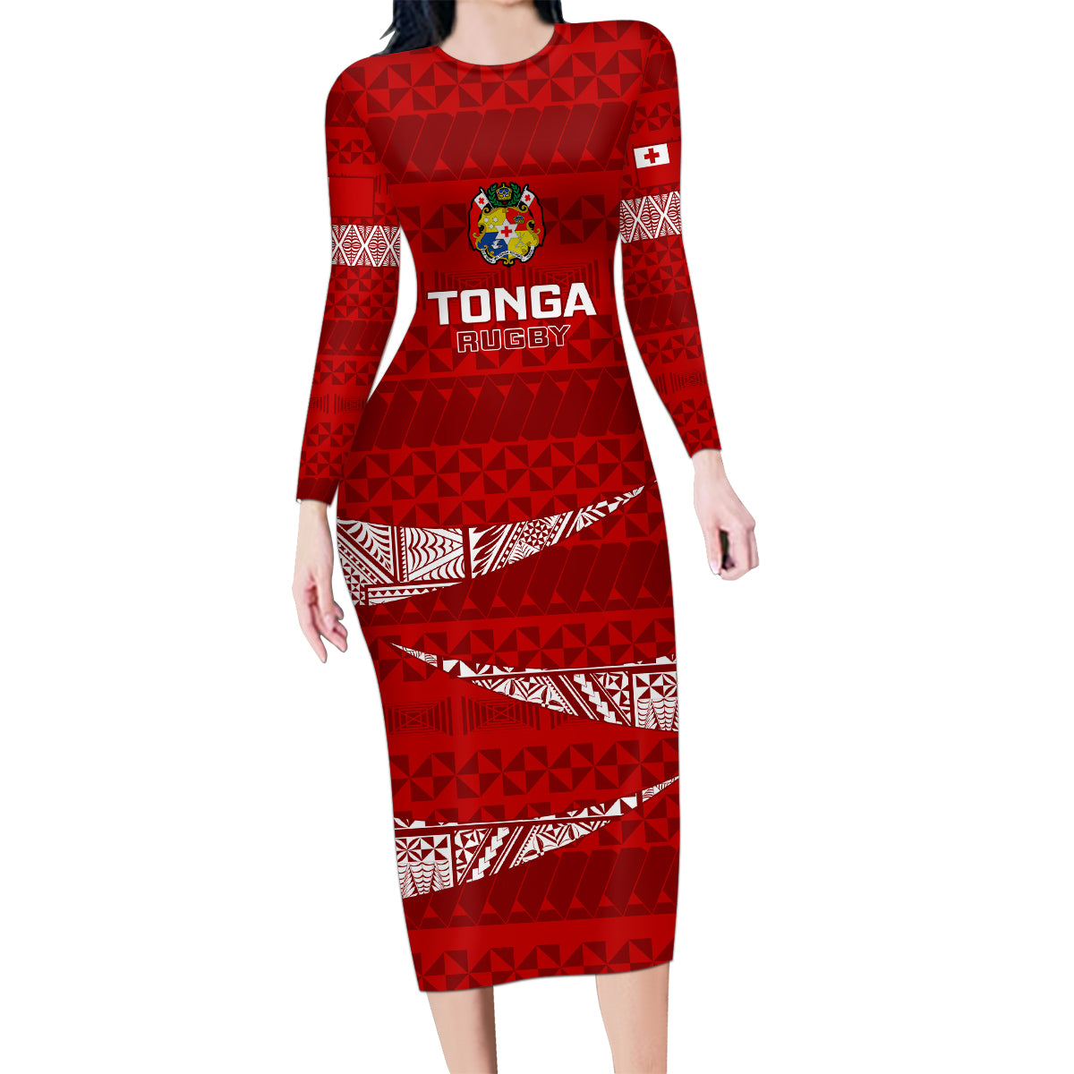 Tonga Rugby Family Matching Long Sleeve Bodycon Dress and Hawaiian Shirt 2023 Ikale Tahi Tongan Ngatu Pattern - Wonder Print Shop