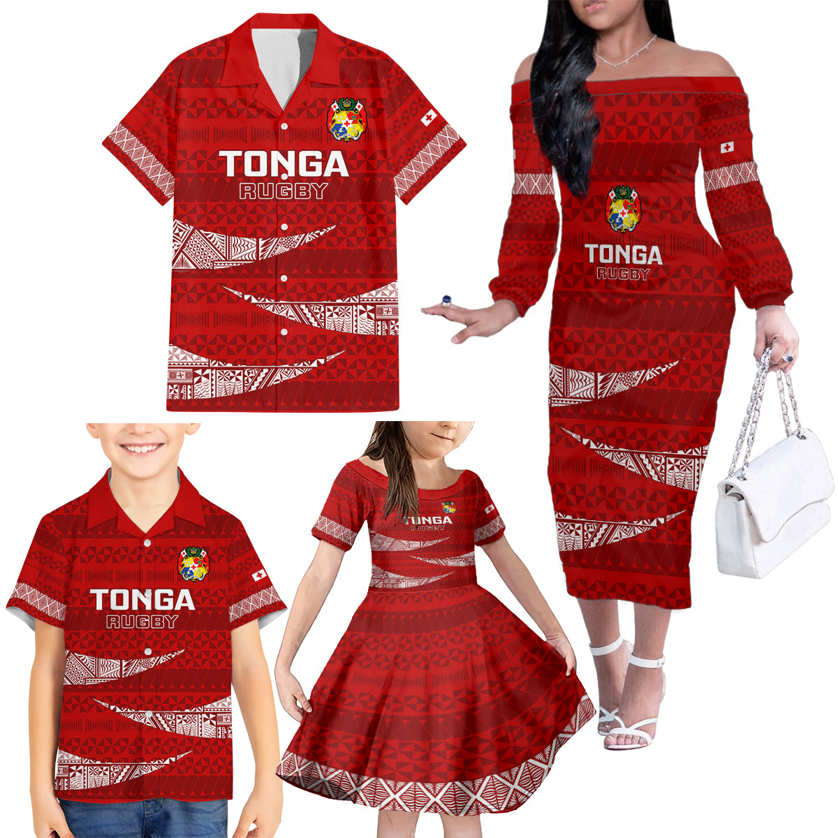 Tonga Rugby Family Matching Off Shoulder Long Sleeve Dress and Hawaiian Shirt 2023 Ikale Tahi Tongan Ngatu Pattern - Wonder Print Shop