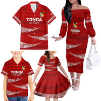 Tonga Rugby Family Matching Off Shoulder Long Sleeve Dress and Hawaiian Shirt 2023 Ikale Tahi Tongan Ngatu Pattern - Wonder Print Shop