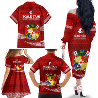 Tonga Rugby Family Matching Off Shoulder Long Sleeve Dress and Hawaiian Shirt 2023 Ikale Tahi Tongan Ngatu Pattern - Wonder Print Shop