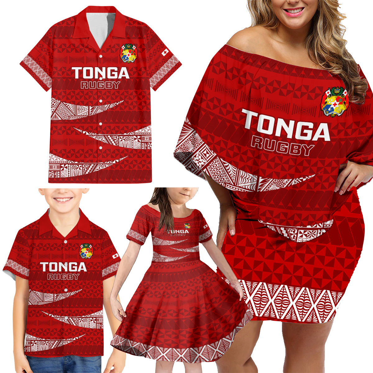 Tonga Rugby Family Matching Off Shoulder Short Dress and Hawaiian Shirt 2023 Ikale Tahi Tongan Ngatu Pattern - Wonder Print Shop