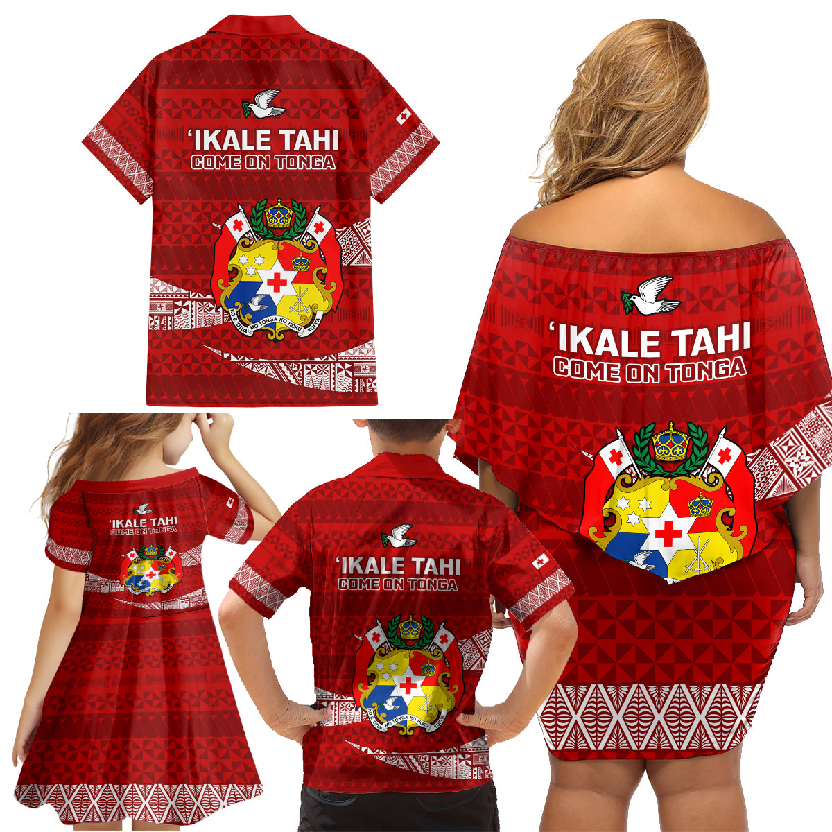 Tonga Rugby Family Matching Off Shoulder Short Dress and Hawaiian Shirt 2023 Ikale Tahi Tongan Ngatu Pattern - Wonder Print Shop