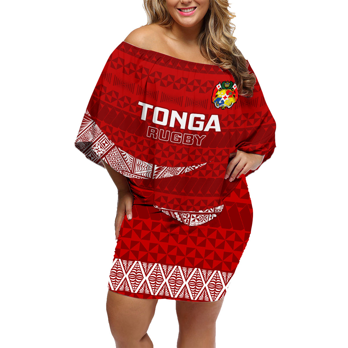Tonga Rugby Family Matching Off Shoulder Short Dress and Hawaiian Shirt 2023 Ikale Tahi Tongan Ngatu Pattern - Wonder Print Shop