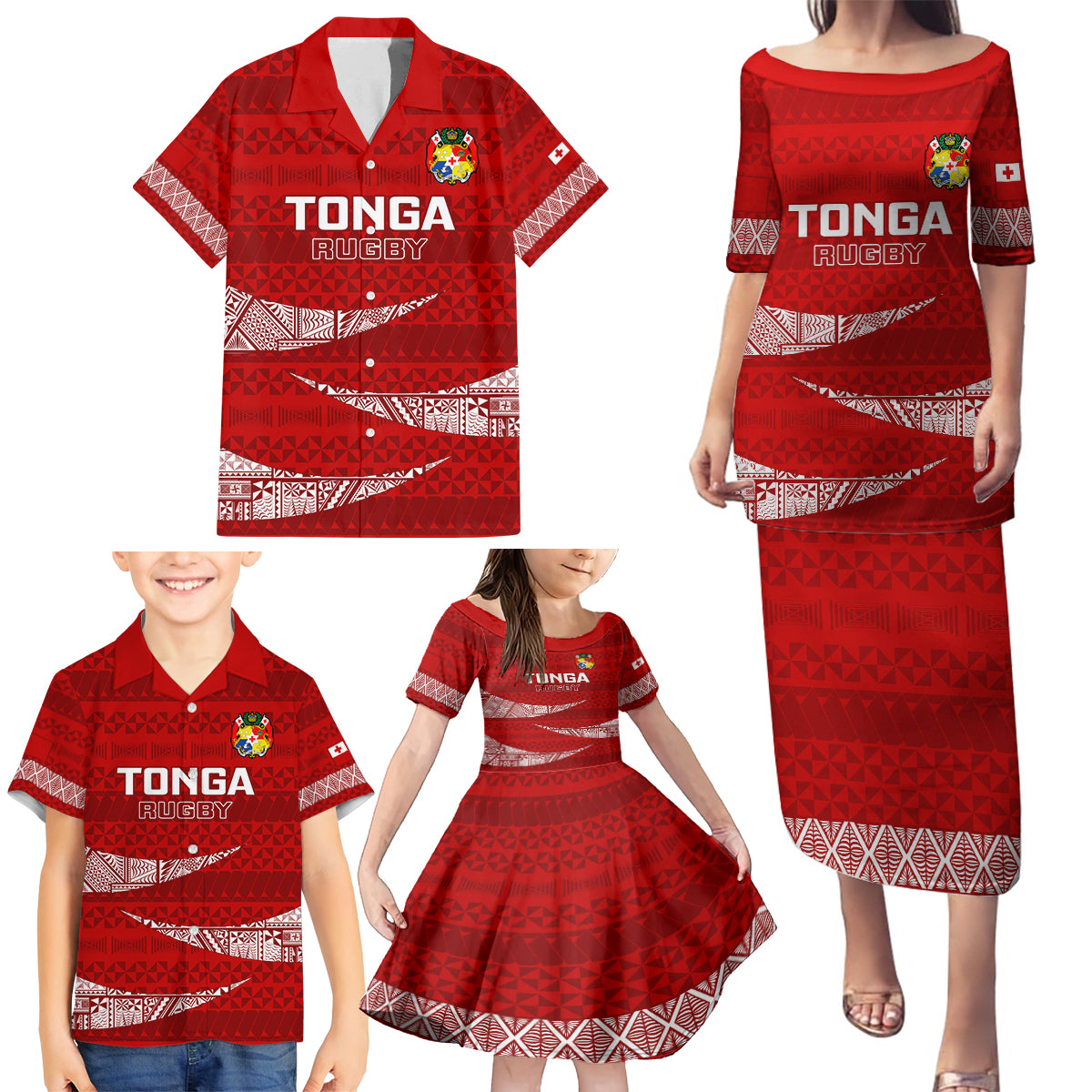 Tonga Rugby Family Matching Puletasi Dress and Hawaiian Shirt 2023 Ikale Tahi Tongan Ngatu Pattern - Wonder Print Shop