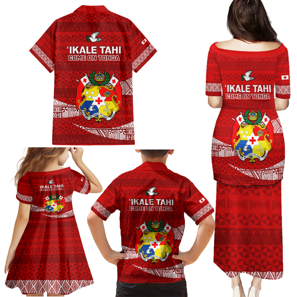 Tonga Rugby Family Matching Puletasi Dress and Hawaiian Shirt 2023 Ikale Tahi Tongan Ngatu Pattern - Wonder Print Shop