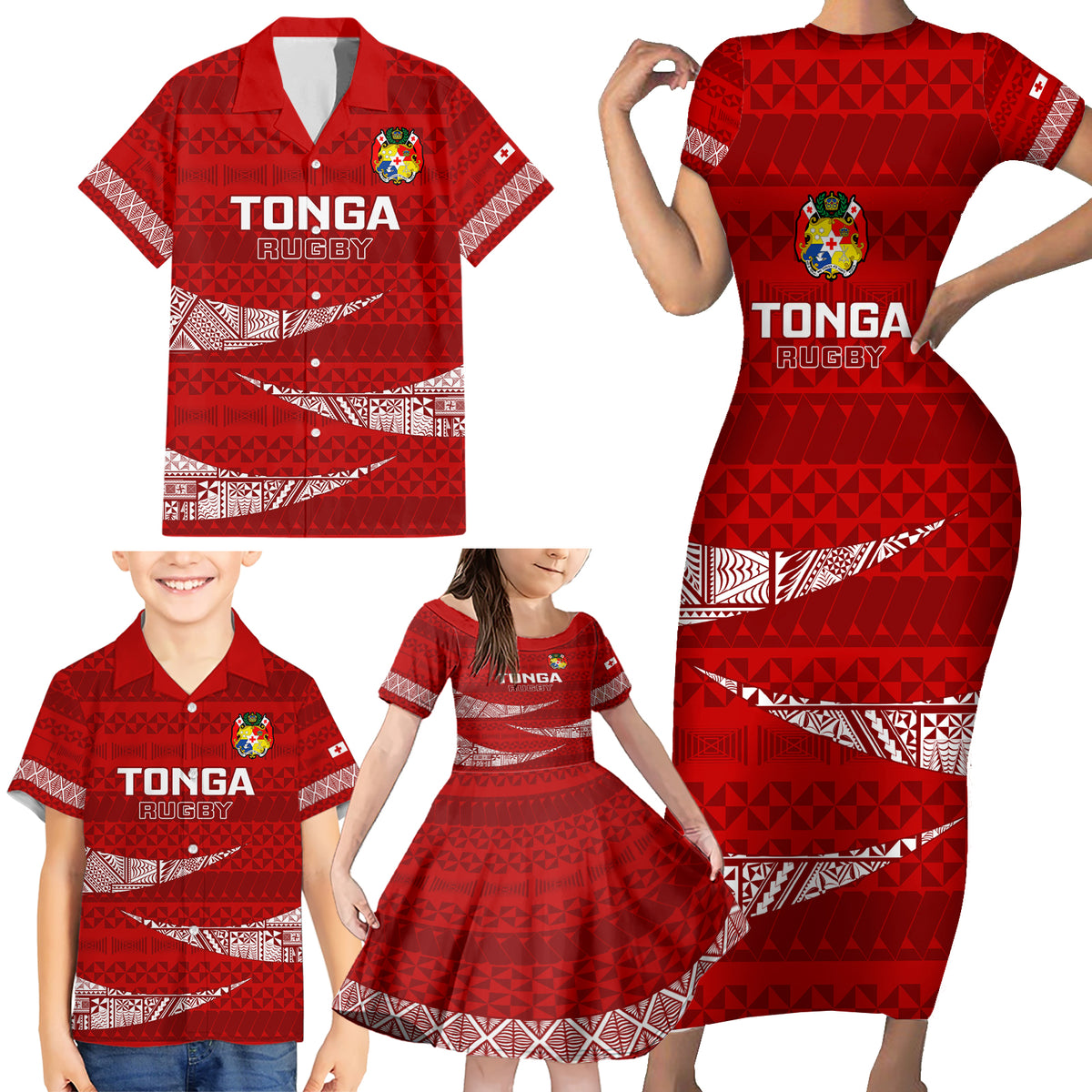 Tonga Rugby Family Matching Short Sleeve Bodycon Dress and Hawaiian Shirt 2023 Ikale Tahi Tongan Ngatu Pattern - Wonder Print Shop