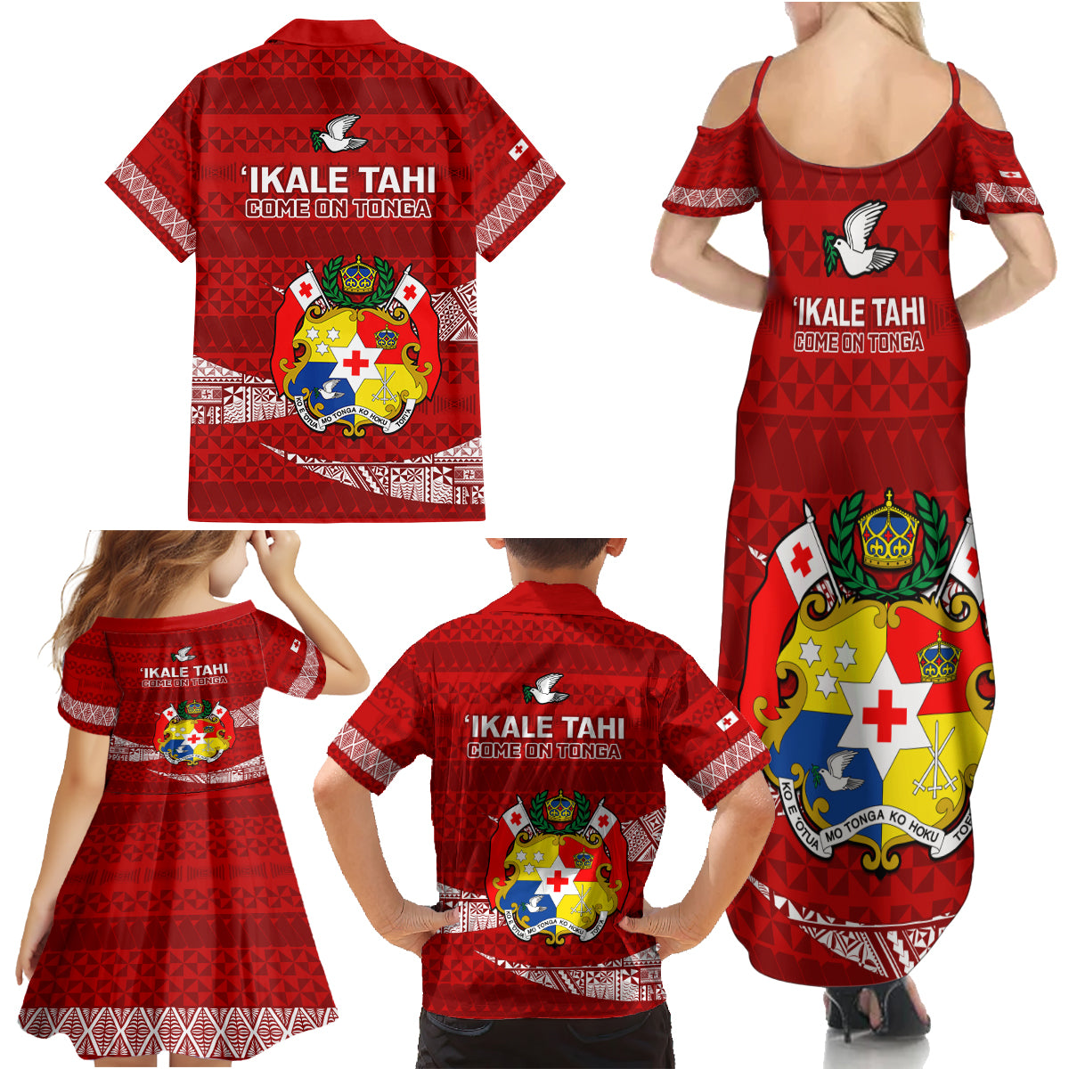 Tonga Rugby Family Matching Summer Maxi Dress and Hawaiian Shirt 2023 Ikale Tahi Tongan Ngatu Pattern - Wonder Print Shop
