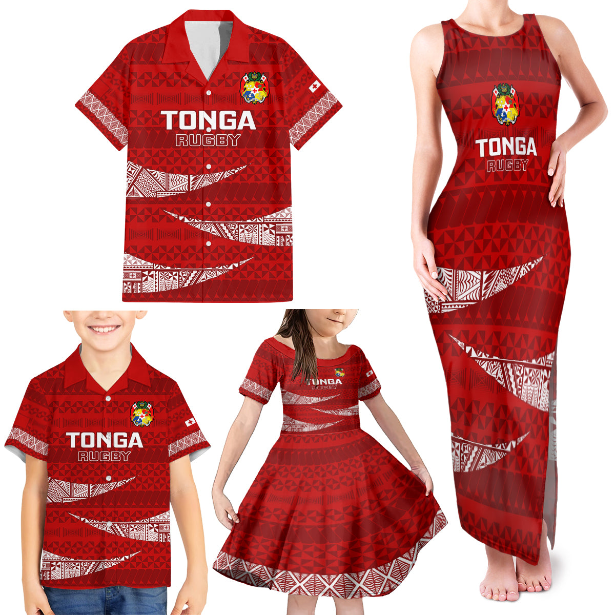 Tonga Rugby Family Matching Tank Maxi Dress and Hawaiian Shirt 2023 Ikale Tahi Tongan Ngatu Pattern - Wonder Print Shop