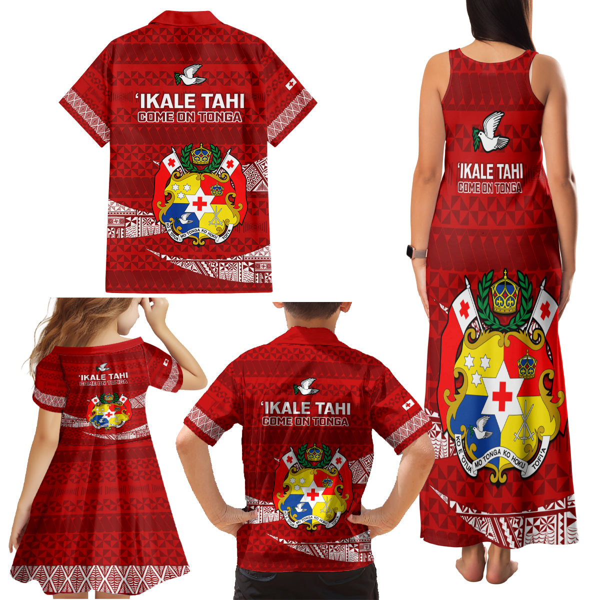 Tonga Rugby Family Matching Tank Maxi Dress and Hawaiian Shirt 2023 Ikale Tahi Tongan Ngatu Pattern - Wonder Print Shop