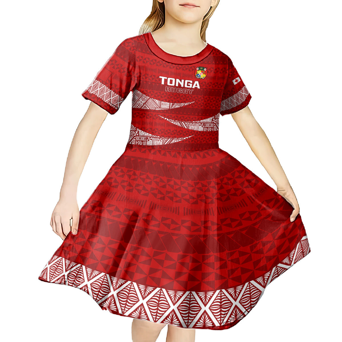 Tonga Rugby Kid Short Sleeve Dress 2023 Ikale Tahi Tongan Ngatu Pattern - Wonder Print Shop