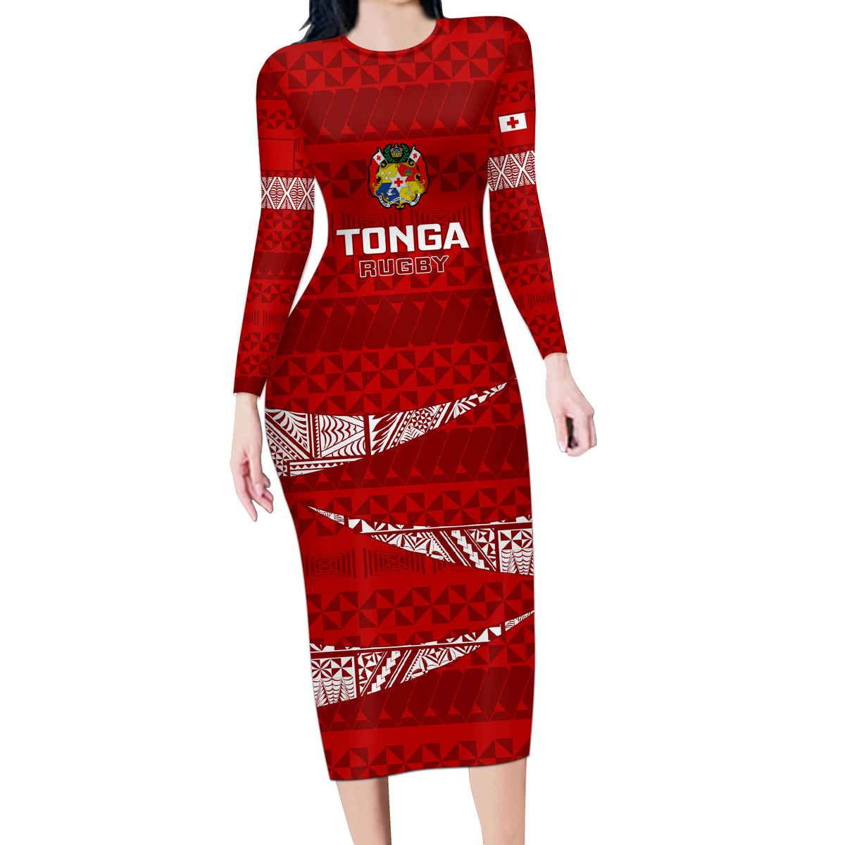 Tonga Rugby Long Sleeve Bodycon Dress 2023 Ikale Tahi Tongan Ngatu Pattern - Wonder Print Shop
