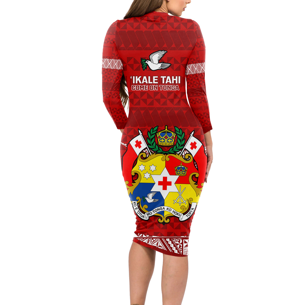 Tonga Rugby Long Sleeve Bodycon Dress 2023 Ikale Tahi Tongan Ngatu Pattern - Wonder Print Shop
