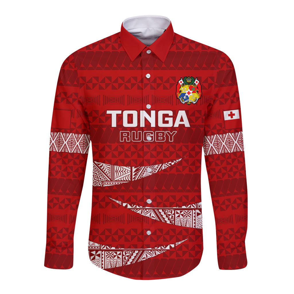 Tonga Rugby Long Sleeve Button Shirt 2023 Ikale Tahi Tongan Ngatu Pattern - Wonder Print Shop