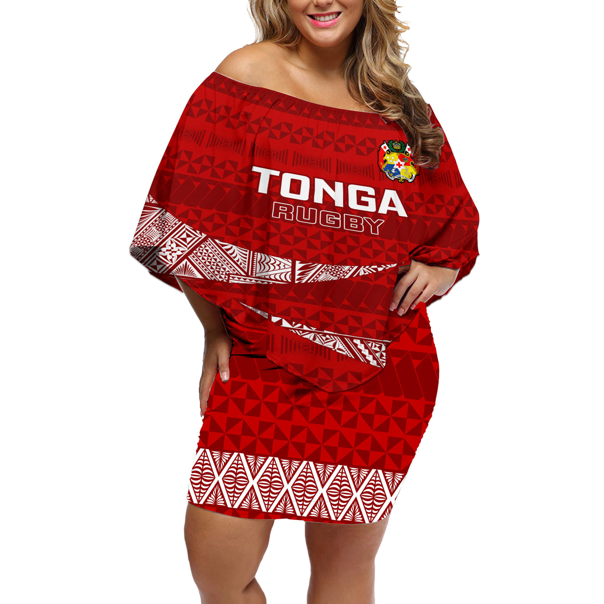 Tonga Rugby Off Shoulder Short Dress 2023 Ikale Tahi Tongan Ngatu Pattern - Wonder Print Shop