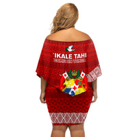 Tonga Rugby Off Shoulder Short Dress 2023 Ikale Tahi Tongan Ngatu Pattern - Wonder Print Shop