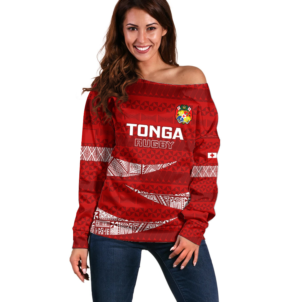 Tonga Rugby Off Shoulder Sweater 2023 Ikale Tahi Tongan Ngatu Pattern - Wonder Print Shop