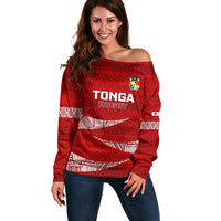 Tonga Rugby Off Shoulder Sweater 2023 Ikale Tahi Tongan Ngatu Pattern - Wonder Print Shop