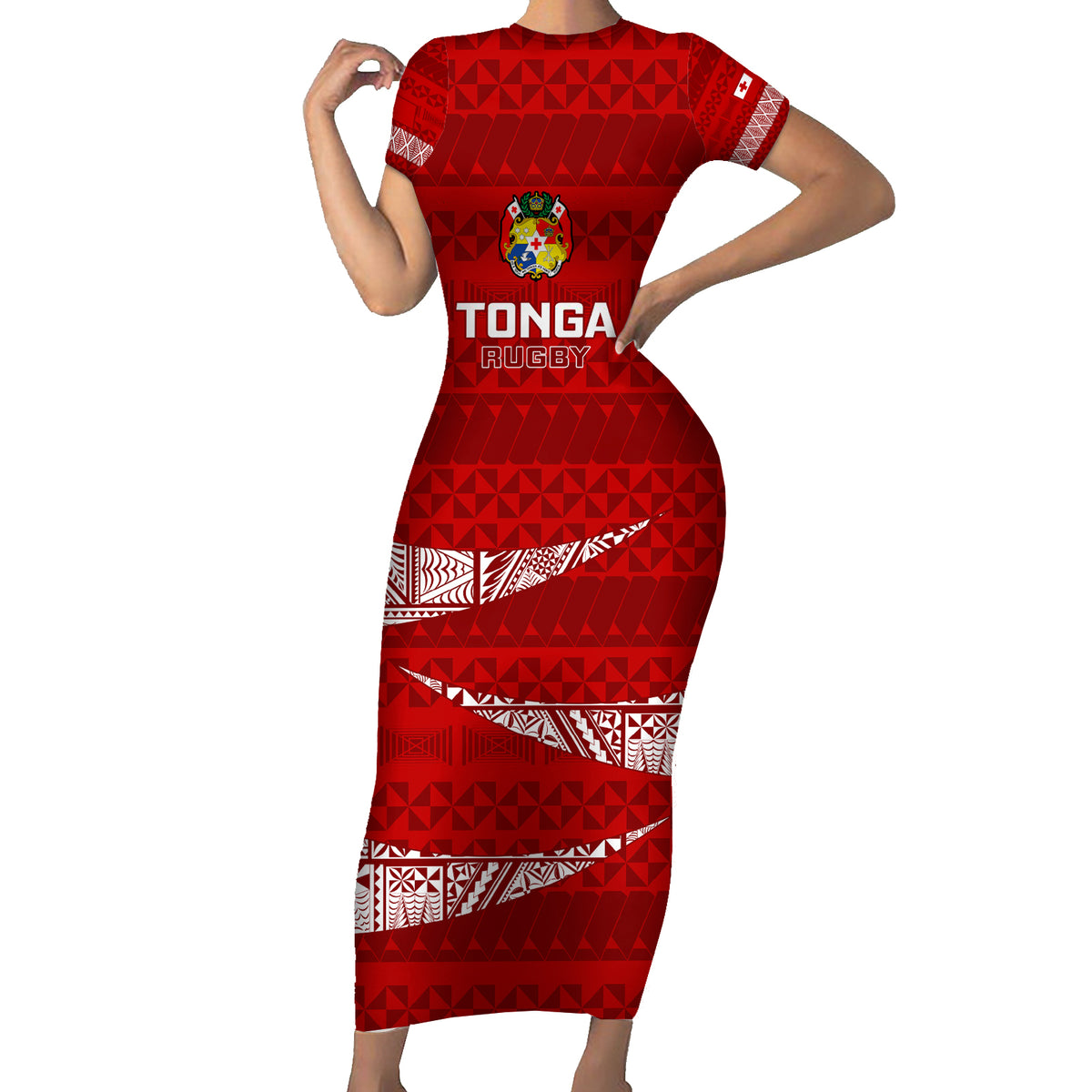 Tonga Rugby Short Sleeve Bodycon Dress 2023 Ikale Tahi Tongan Ngatu Pattern - Wonder Print Shop