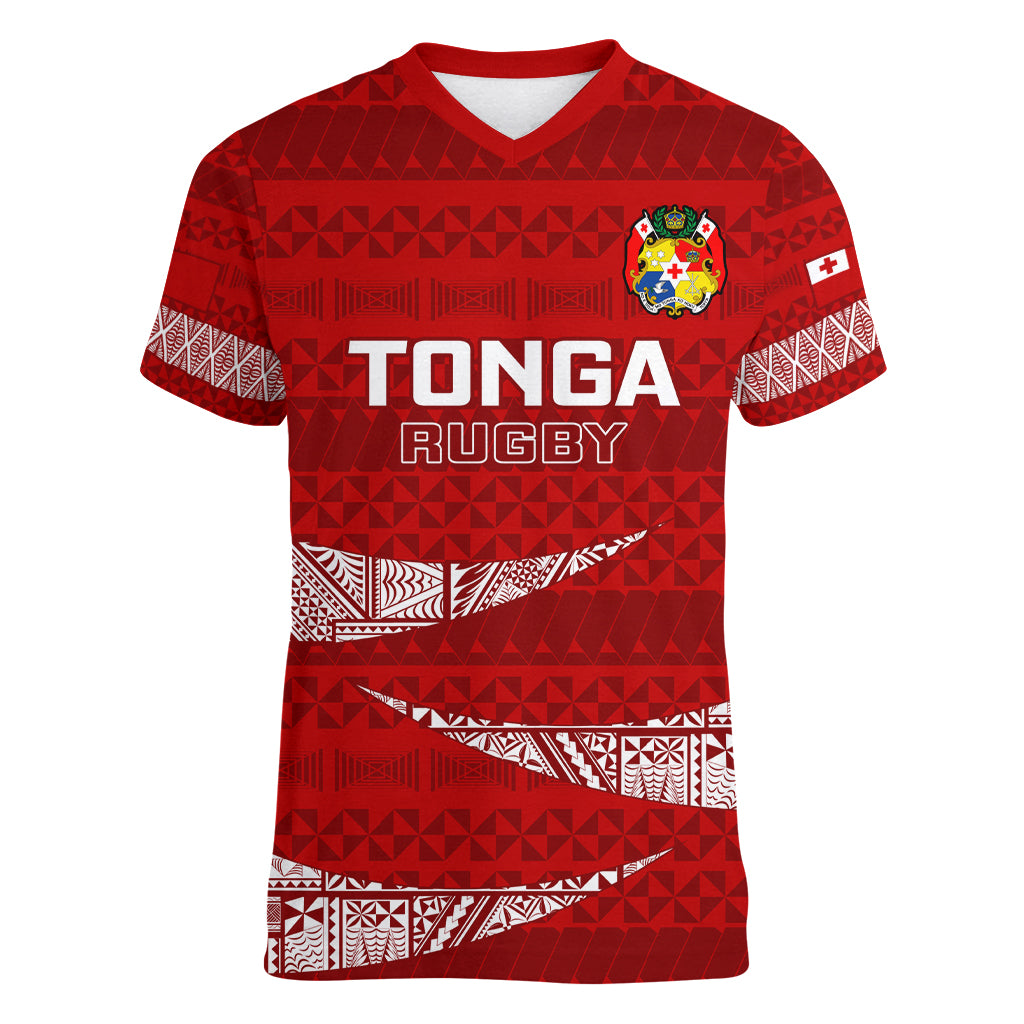 Tonga Rugby Women V Neck T Shirt 2023 Ikale Tahi Tongan Ngatu Pattern - Wonder Print Shop