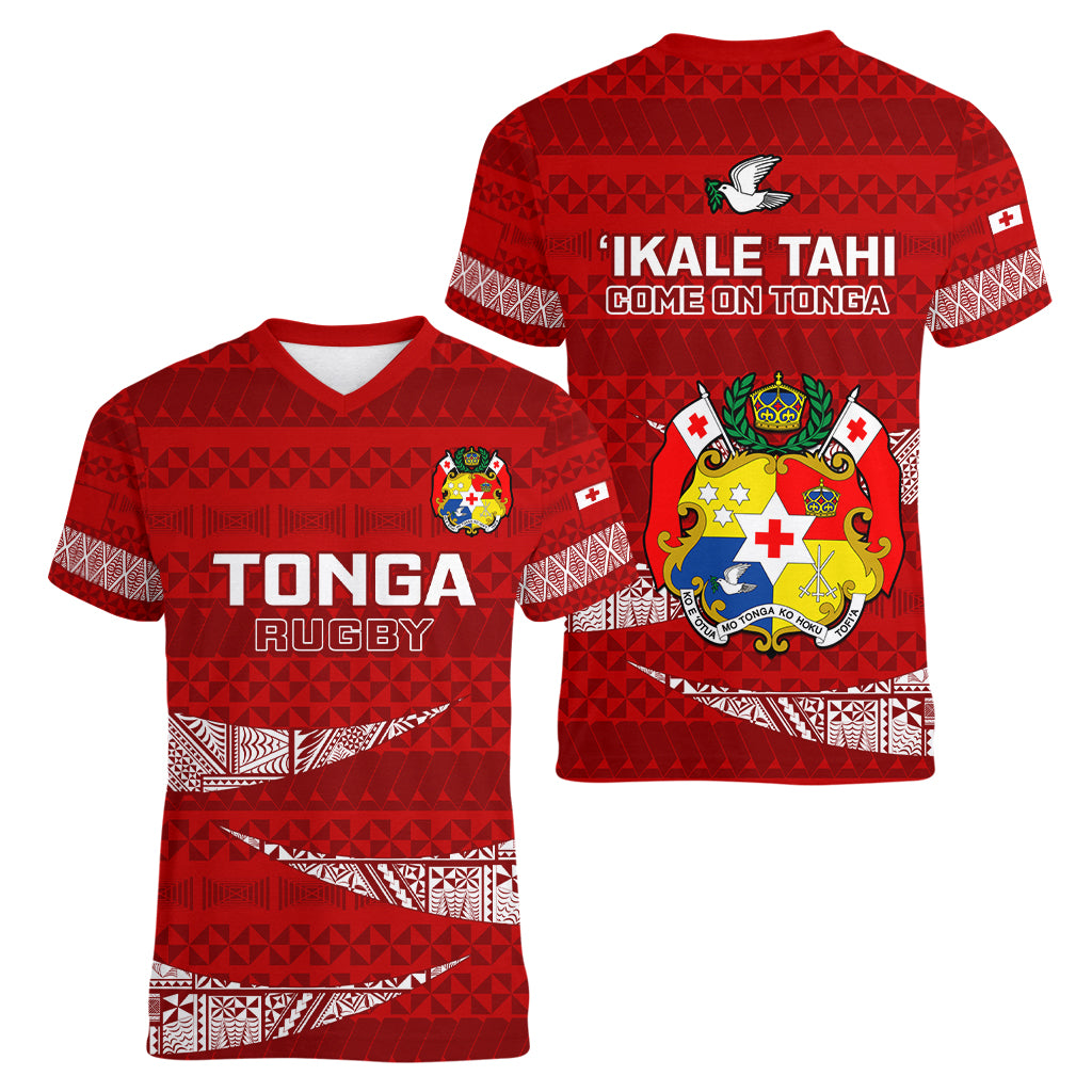 Tonga Rugby Women V Neck T Shirt 2023 Ikale Tahi Tongan Ngatu Pattern - Wonder Print Shop