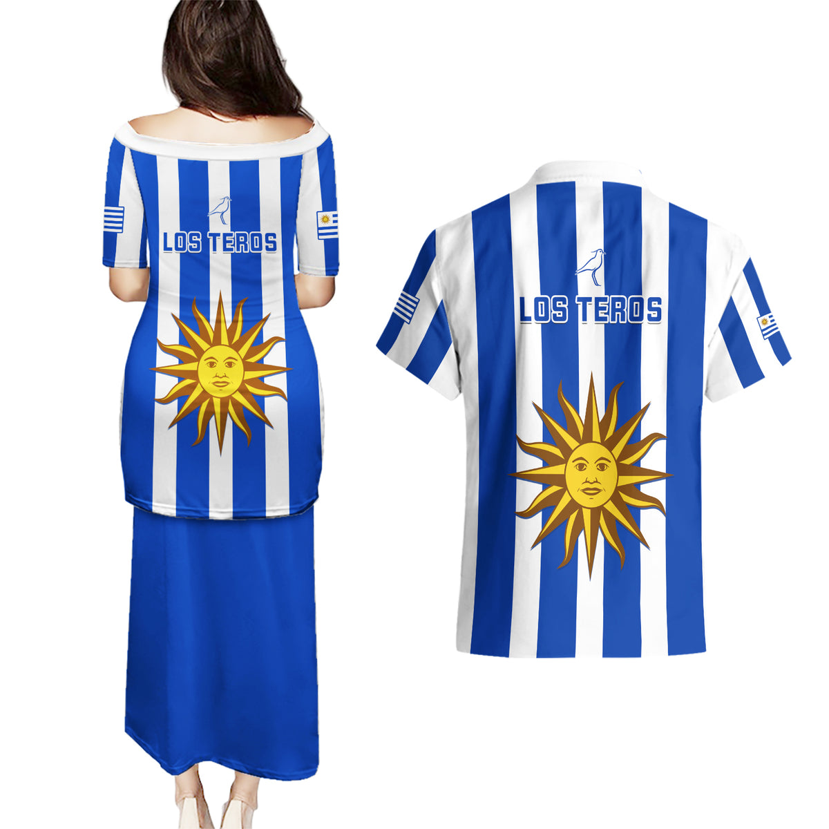Uruguay Rugby Couples Matching Puletasi Dress and Hawaiian Shirt Go Los Teros Flag Style - Wonder Print Shop