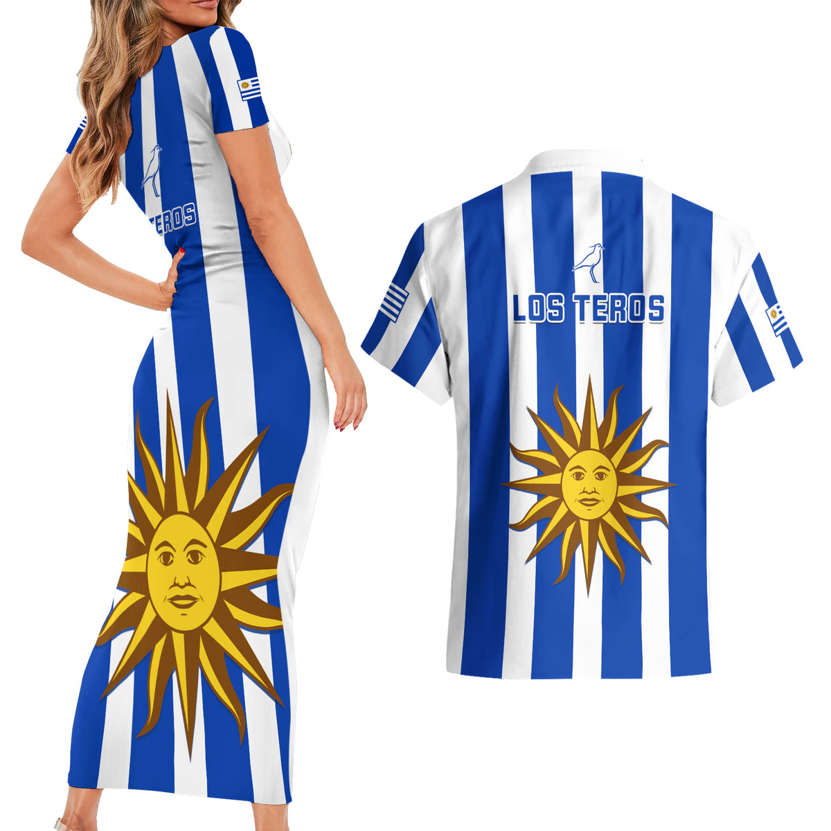 Uruguay Rugby Couples Matching Short Sleeve Bodycon Dress and Hawaiian Shirt Go Los Teros Flag Style - Wonder Print Shop
