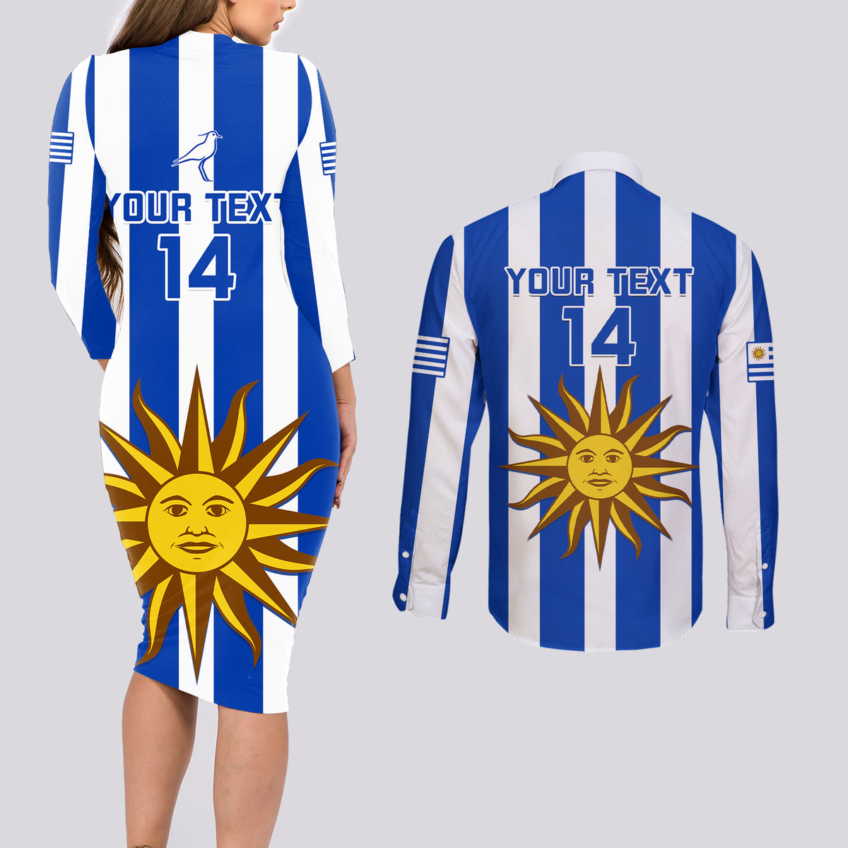 Custom Uruguay Rugby Couples Matching Long Sleeve Bodycon Dress and Long Sleeve Button Shirts Go Los Teros Flag Style - Wonder Print Shop