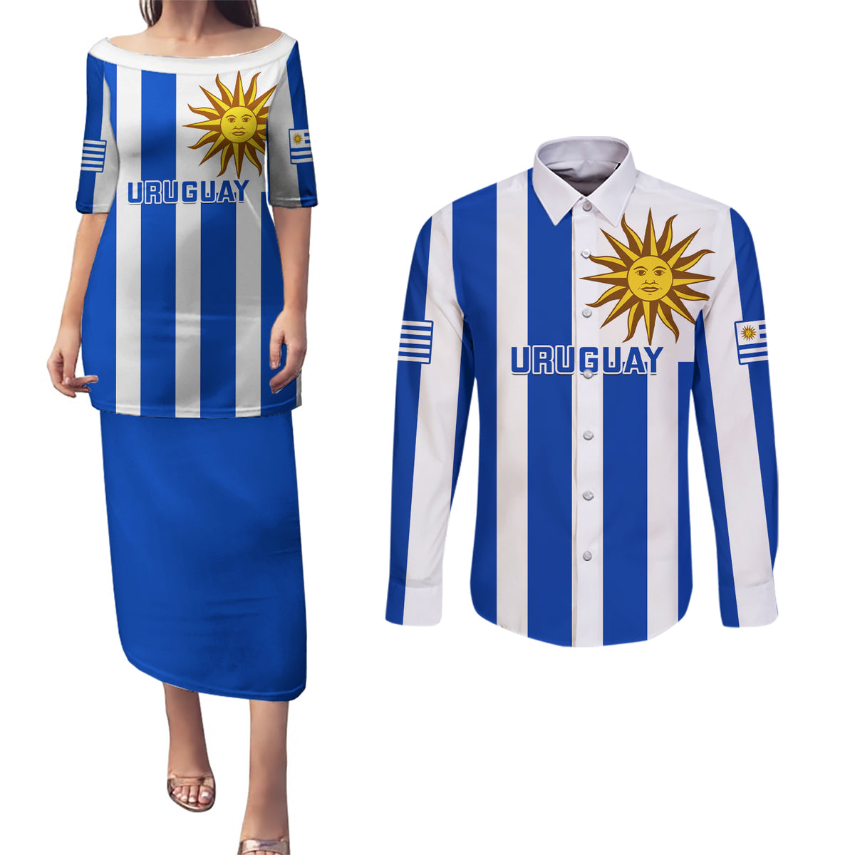 Custom Uruguay Rugby Couples Matching Puletasi Dress and Long Sleeve Button Shirts Go Los Teros Flag Style - Wonder Print Shop
