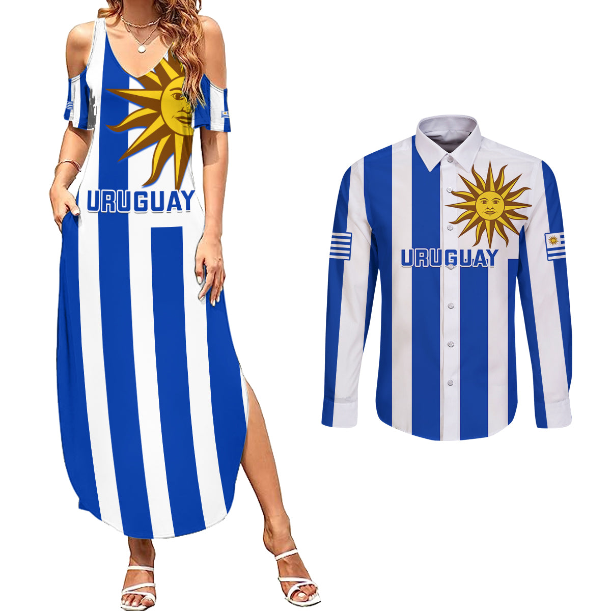Custom Uruguay Rugby Couples Matching Summer Maxi Dress and Long Sleeve Button Shirts Go Los Teros Flag Style - Wonder Print Shop