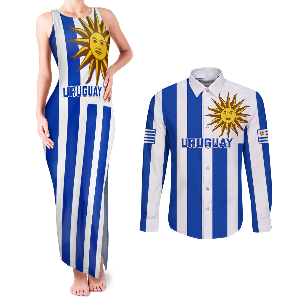 custom-uruguay-rugby-couples-matching-tank-maxi-dress-and-long-sleeve-button-shirts-go-los-teros-flag-style