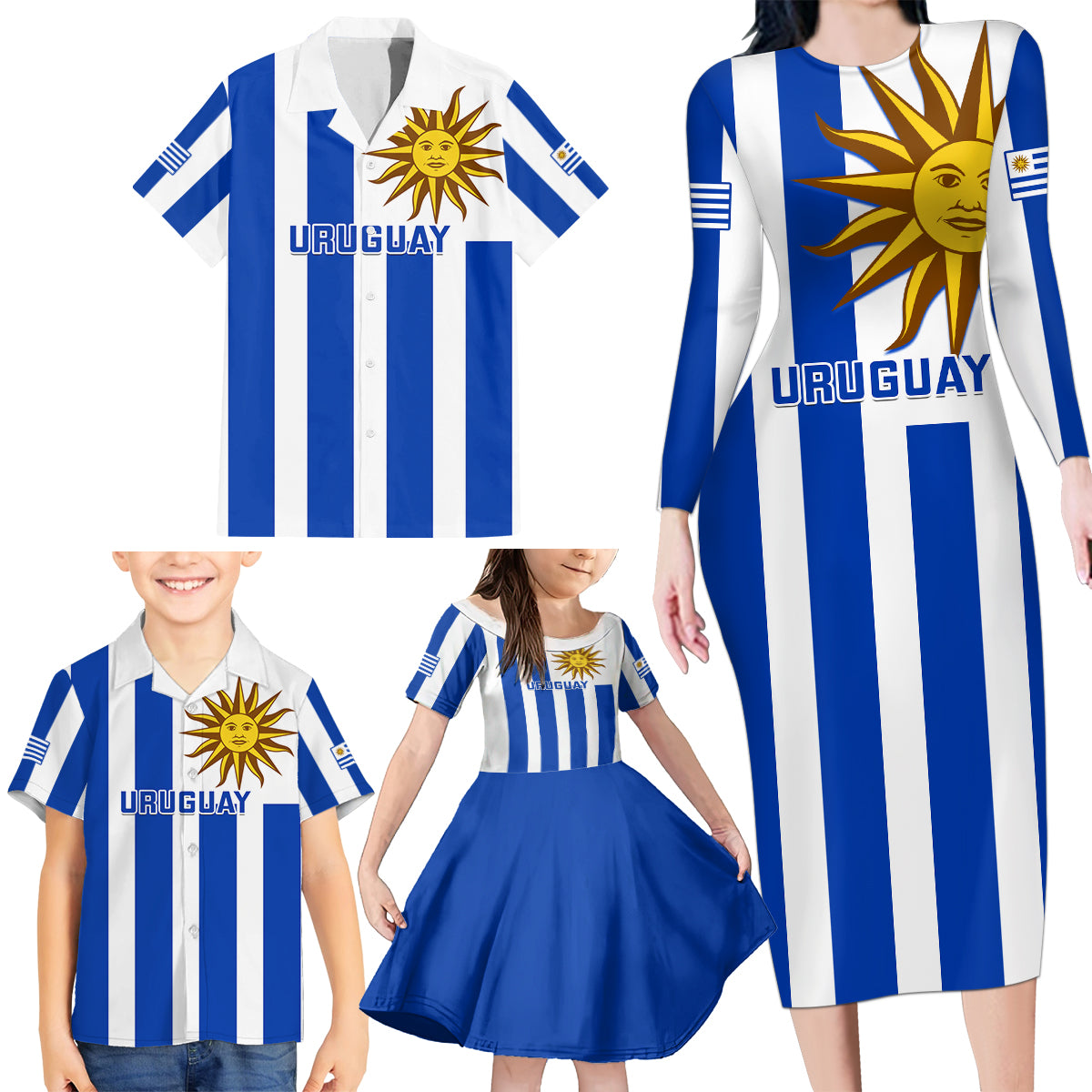 Custom Uruguay Rugby Family Matching Long Sleeve Bodycon Dress and Hawaiian Shirt Go Los Teros Flag Style - Wonder Print Shop