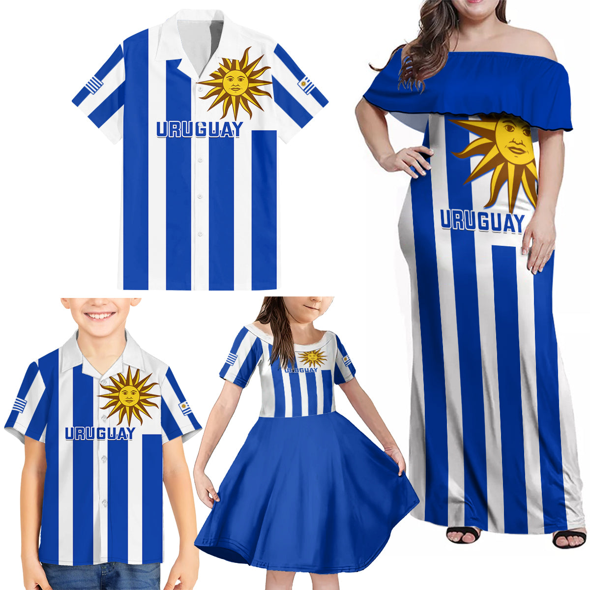 Custom Uruguay Rugby Family Matching Off Shoulder Maxi Dress and Hawaiian Shirt Go Los Teros Flag Style - Wonder Print Shop