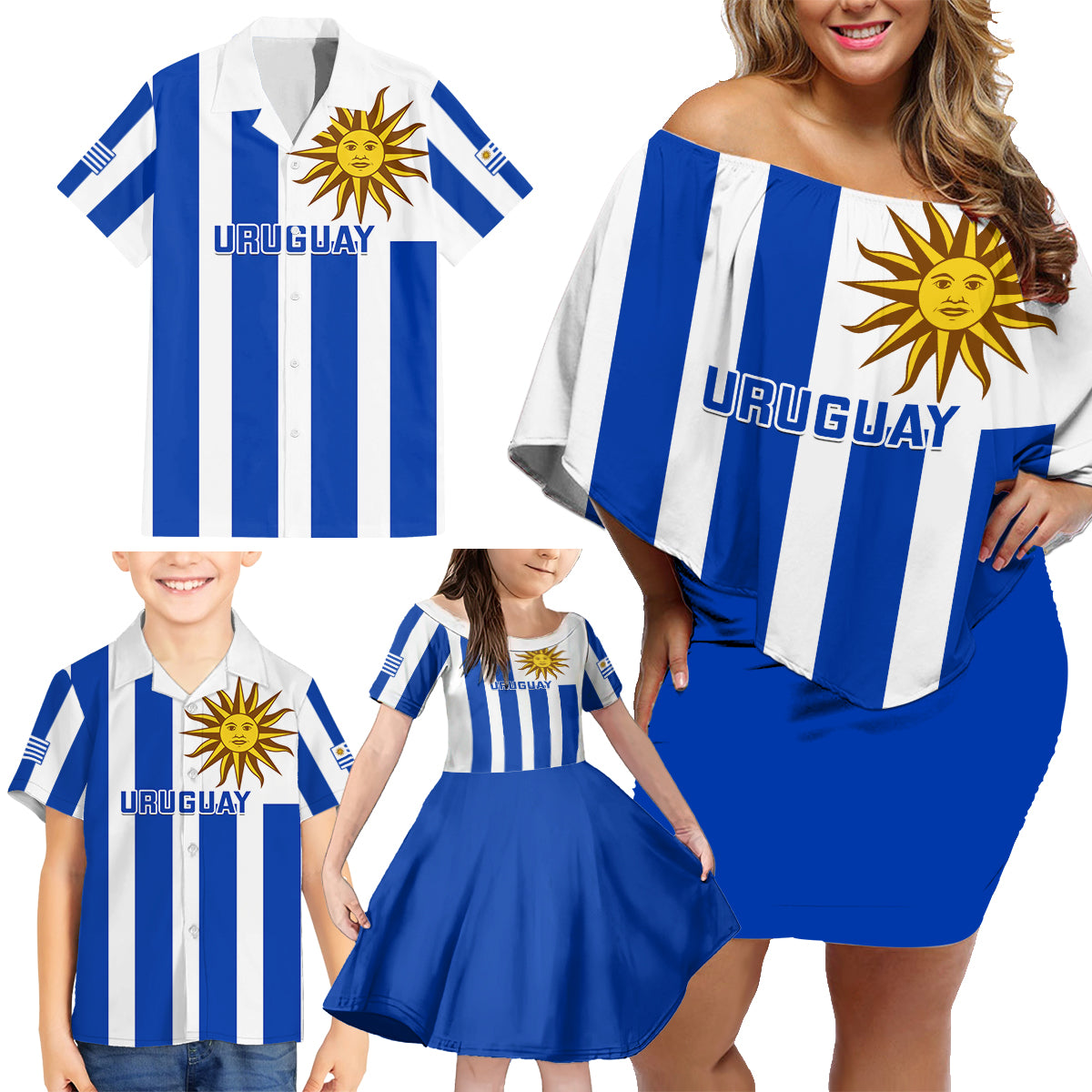 Custom Uruguay Rugby Family Matching Off Shoulder Short Dress and Hawaiian Shirt Go Los Teros Flag Style - Wonder Print Shop