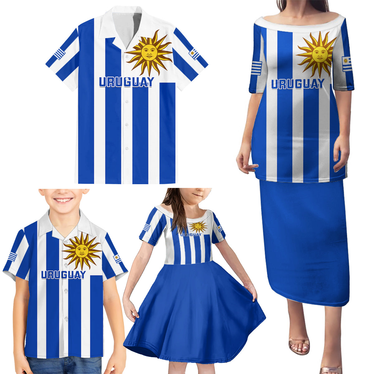 Custom Uruguay Rugby Family Matching Puletasi Dress and Hawaiian Shirt Go Los Teros Flag Style - Wonder Print Shop
