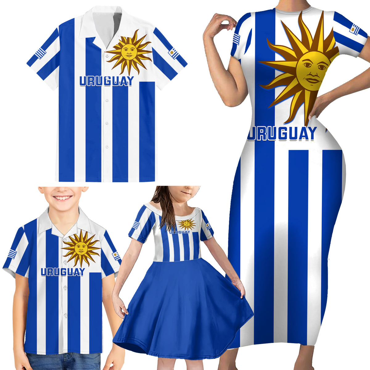 Custom Uruguay Rugby Family Matching Short Sleeve Bodycon Dress and Hawaiian Shirt Go Los Teros Flag Style - Wonder Print Shop