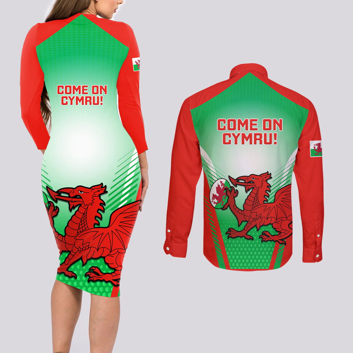 Wales Rugby Couples Matching Long Sleeve Bodycon Dress and Long Sleeve Button Shirts 2023 Come On Cymru Champions World Cup - Wonder Print Shop