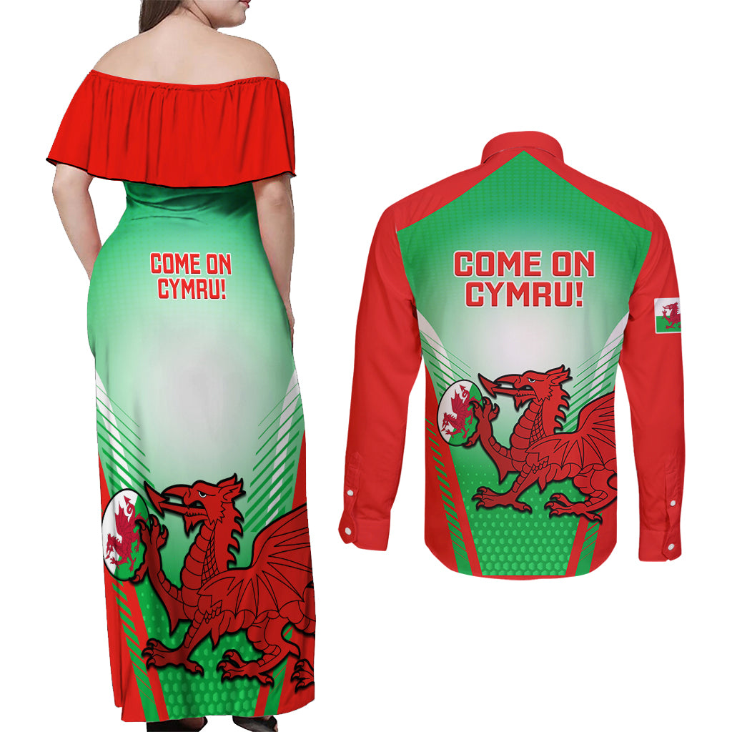Wales Rugby Couples Matching Off Shoulder Maxi Dress and Long Sleeve Button Shirts 2023 Come On Cymru Champions World Cup - Wonder Print Shop