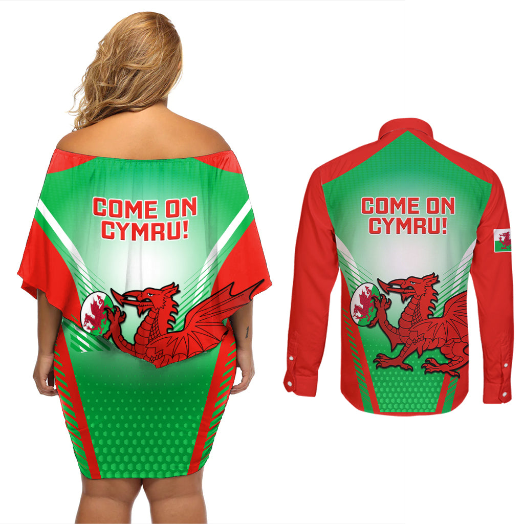 Wales Rugby Couples Matching Off Shoulder Short Dress and Long Sleeve Button Shirts 2023 Come On Cymru Champions World Cup - Wonder Print Shop