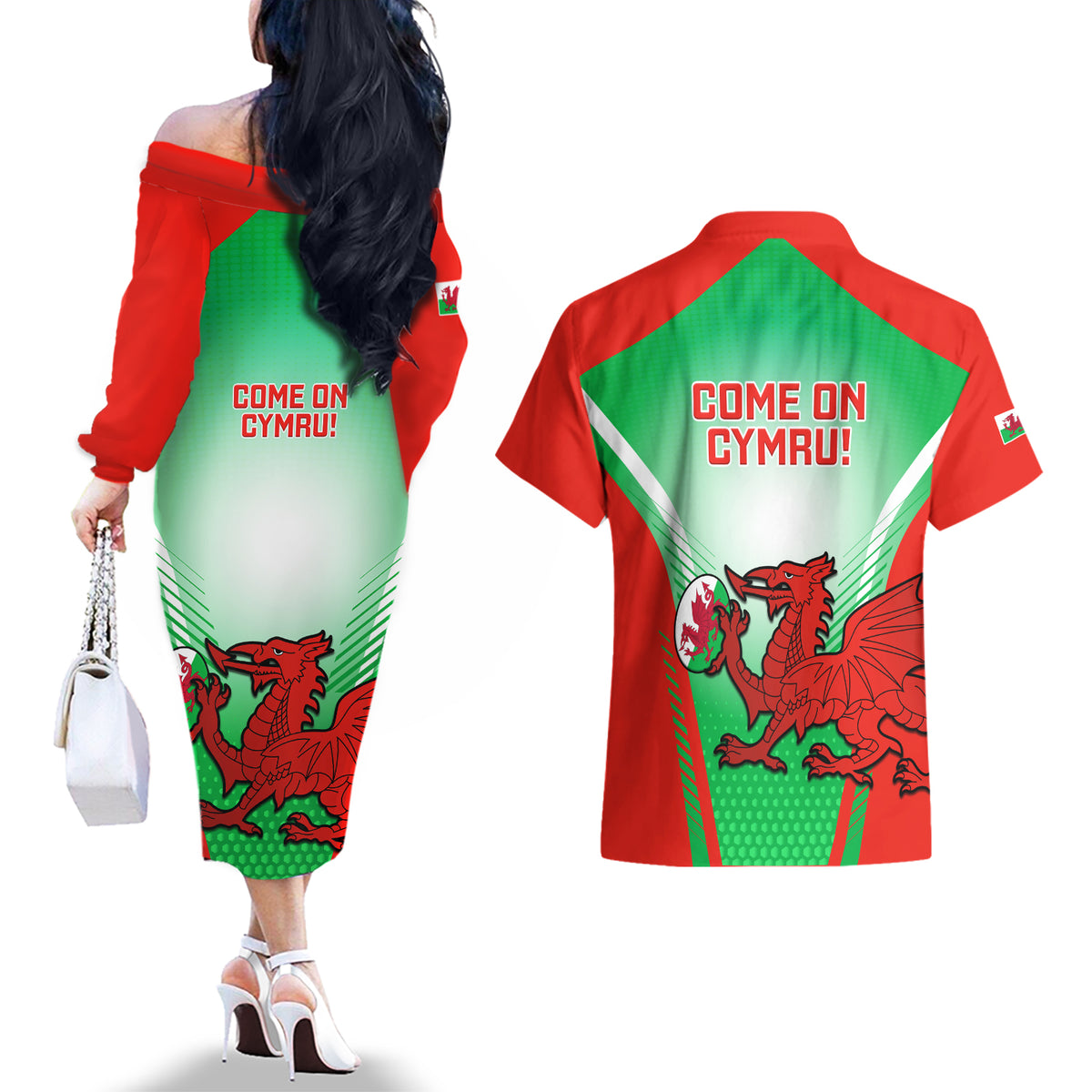 Wales Rugby Couples Matching Off The Shoulder Long Sleeve Dress and Hawaiian Shirt 2023 Come On Cymru Champions World Cup - Wonder Print Shop