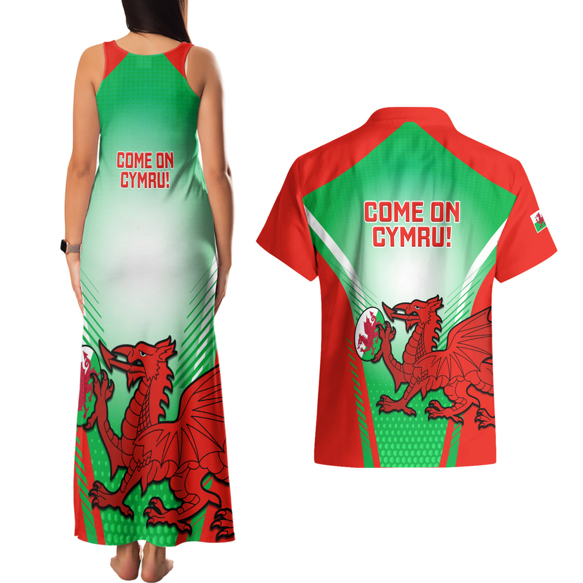 Wales Rugby Couples Matching Tank Maxi Dress and Hawaiian Shirt 2023 Come On Cymru Champions World Cup - Wonder Print Shop