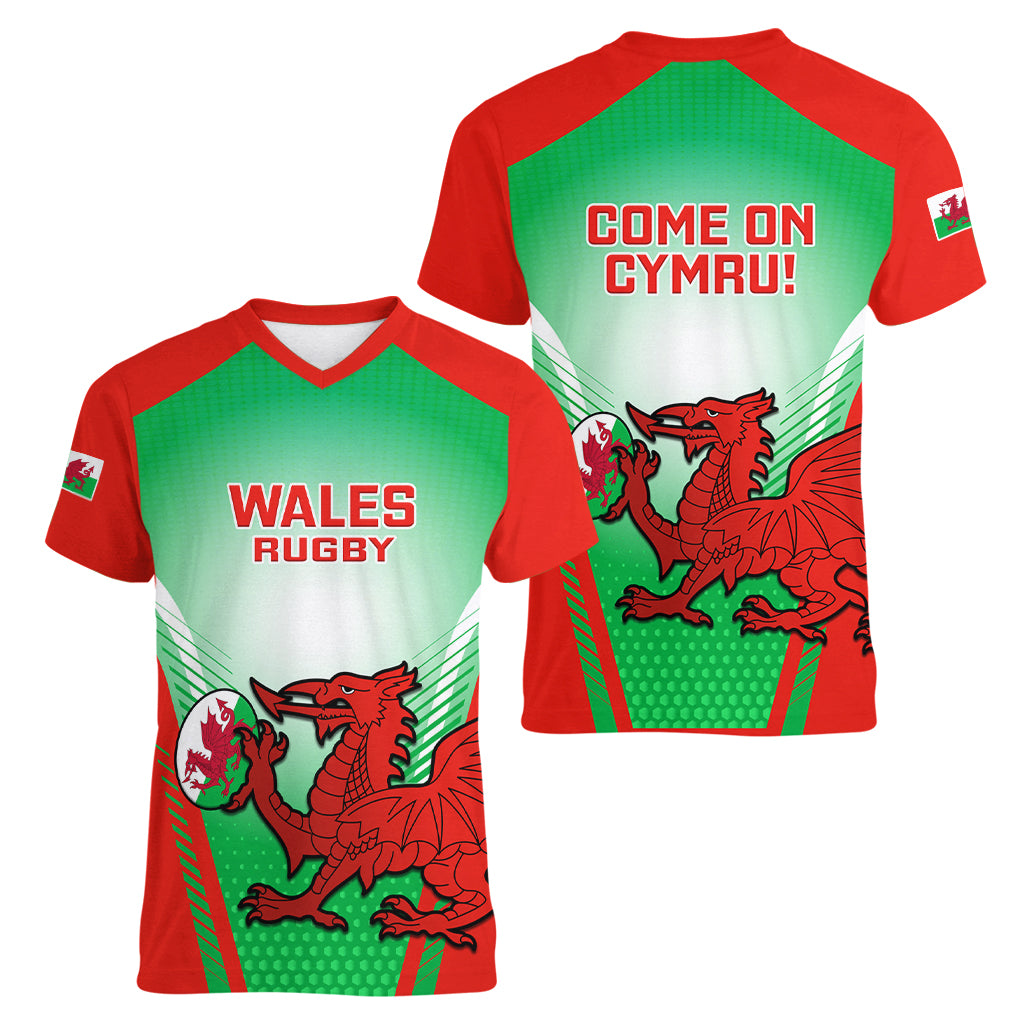 Wales Rugby Women V Neck T Shirt 2023 Come On Cymru Champions World Cup - Wonder Print Shop