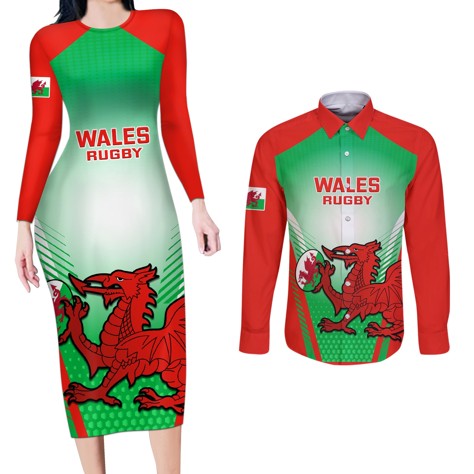 Custom Wales Rugby Couples Matching Long Sleeve Bodycon Dress and Long Sleeve Button Shirts 2023 Come On Cymru Champions World Cup - Wonder Print Shop