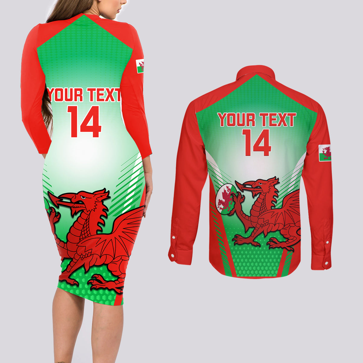 Custom Wales Rugby Couples Matching Long Sleeve Bodycon Dress and Long Sleeve Button Shirts 2023 Come On Cymru Champions World Cup - Wonder Print Shop