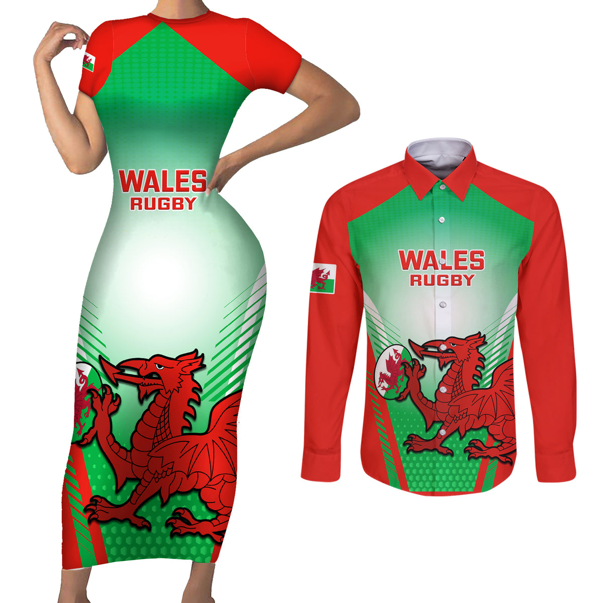Custom Wales Rugby Couples Matching Short Sleeve Bodycon Dress and Long Sleeve Button Shirts 2023 Come On Cymru Champions World Cup - Wonder Print Shop