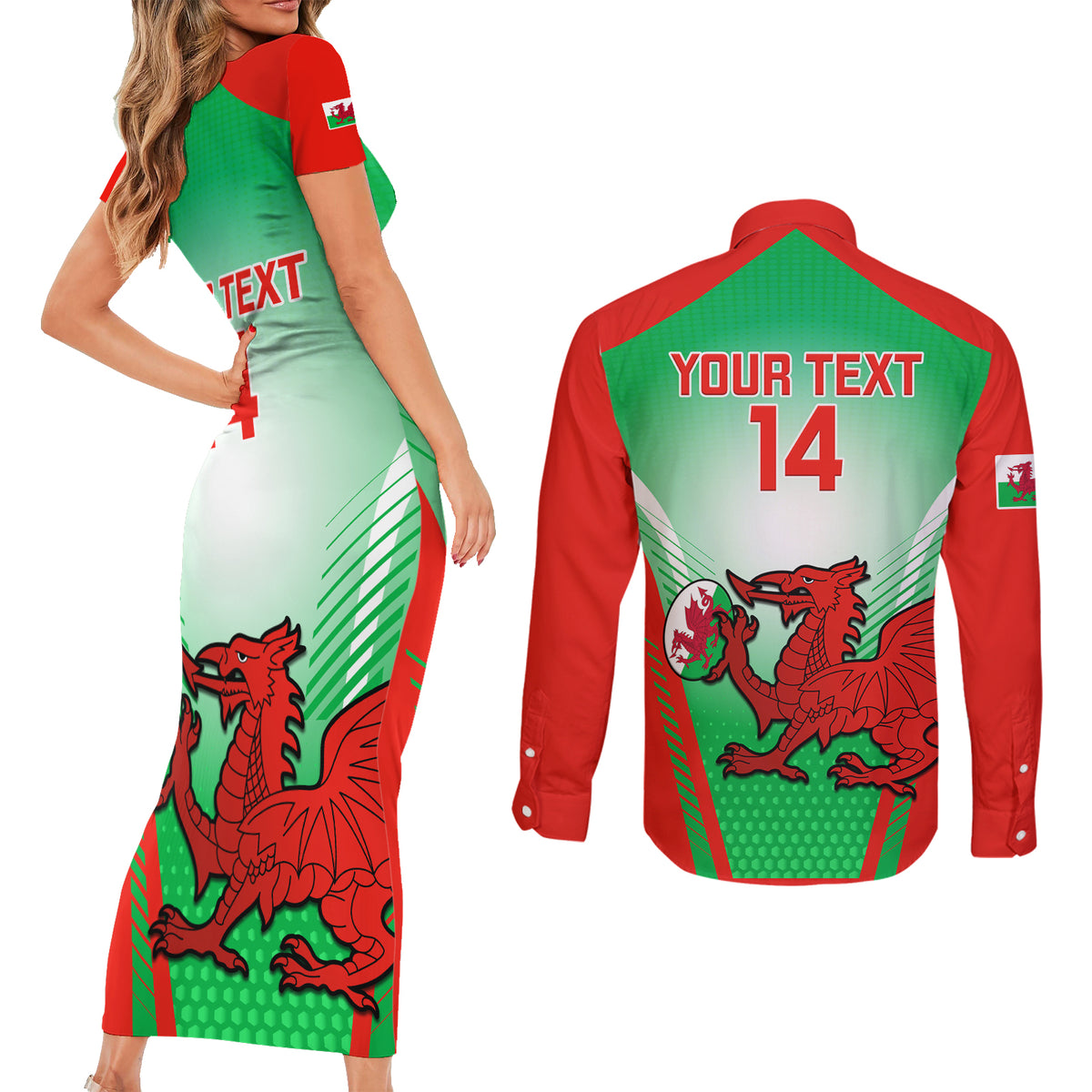Custom Wales Rugby Couples Matching Short Sleeve Bodycon Dress and Long Sleeve Button Shirts 2023 Come On Cymru Champions World Cup - Wonder Print Shop