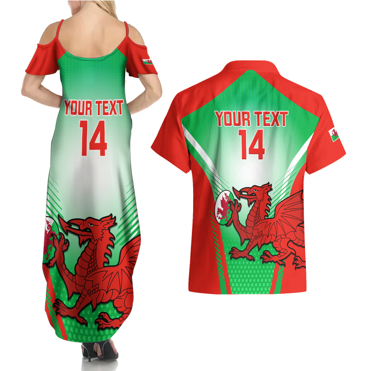 Custom Wales Rugby Couples Matching Summer Maxi Dress and Hawaiian Shirt 2023 Come On Cymru Champions World Cup - Wonder Print Shop