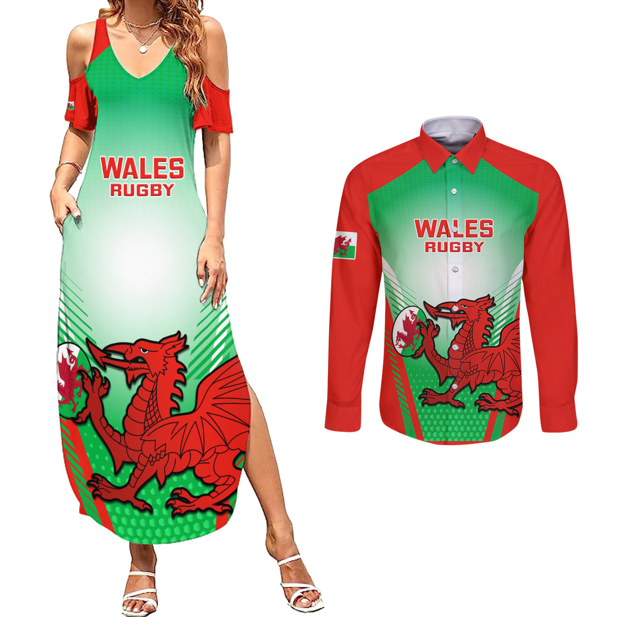Custom Wales Rugby Couples Matching Summer Maxi Dress and Long Sleeve Button Shirts 2023 Come On Cymru Champions World Cup - Wonder Print Shop