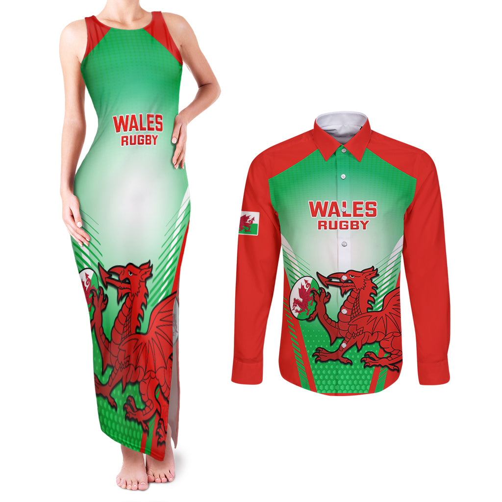 Custom Wales Rugby Couples Matching Tank Maxi Dress and Long Sleeve Button Shirts 2023 Come On Cymru Champions World Cup - Wonder Print Shop