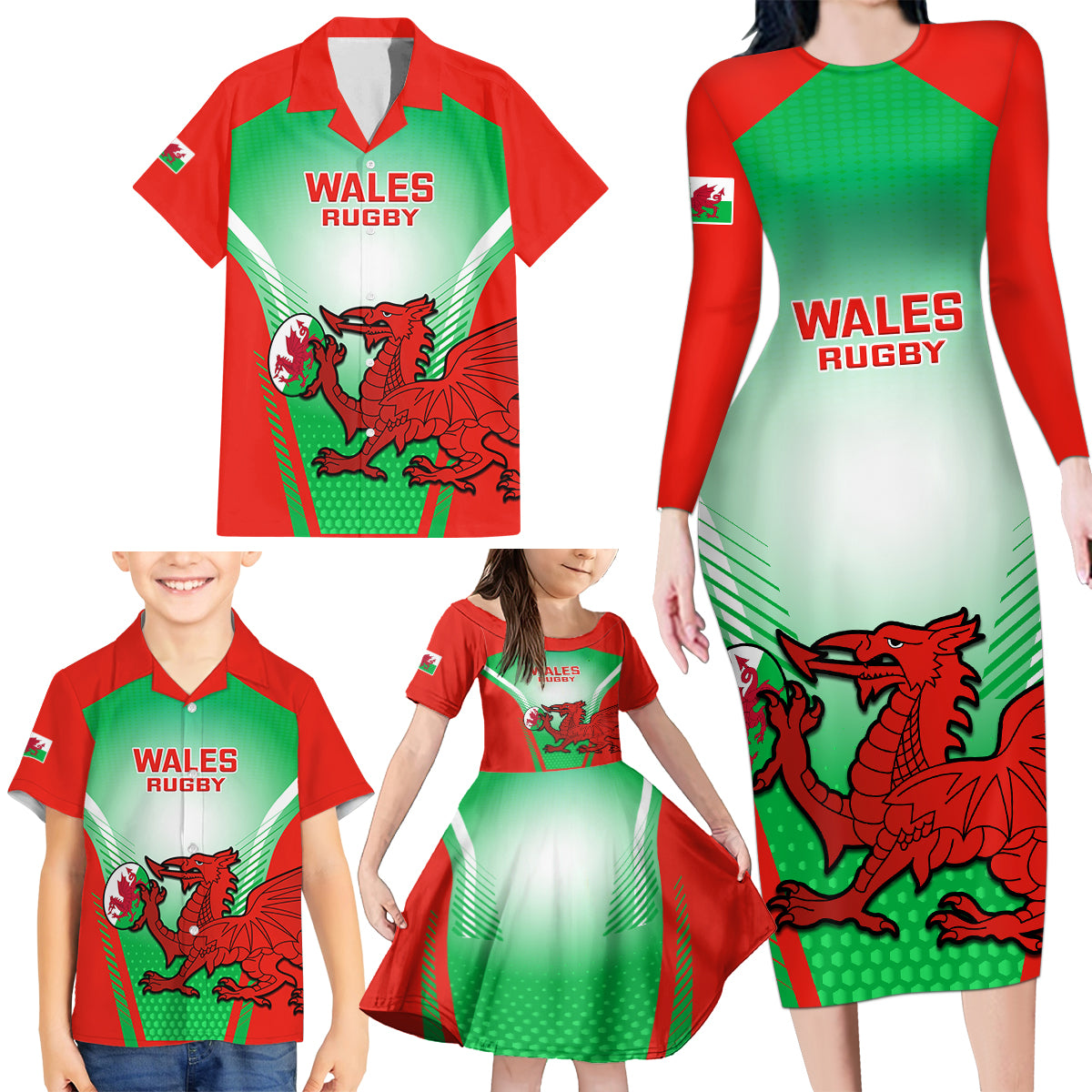 Custom Wales Rugby Family Matching Long Sleeve Bodycon Dress and Hawaiian Shirt 2023 Come On Cymru Champions World Cup - Wonder Print Shop